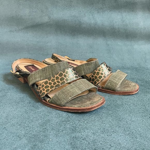 Green and gold sandals (linen & leather) with chunky low heel - Picture 2 of 7